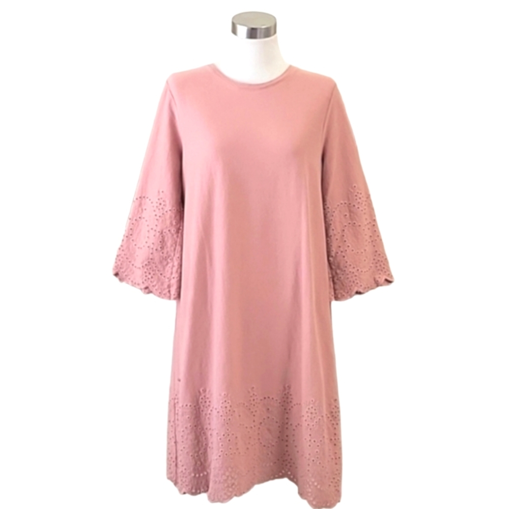 J.Jill dusty Rose eyelet trimmed  shift knit 3/4 sleeves dress women's M petite